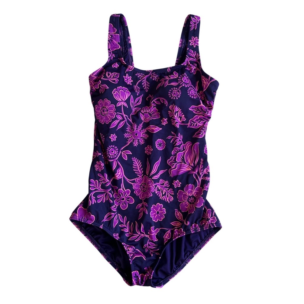 Lands End Womens Purple Pink Floral One Piece Swimsuit Size 10 tummy control